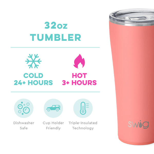 Swig Life 32oz Coral Tumbler temperature infographic - cold 24+ hours or hot 3+ hours