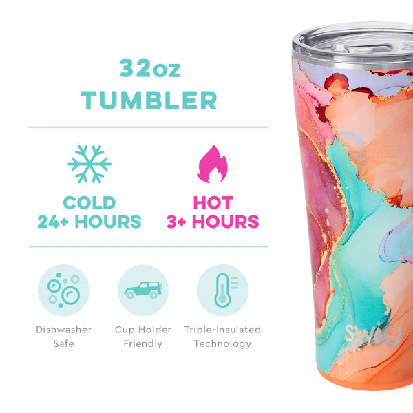 Swig Life 32oz Dreamsicle Tumbler temperature infographic - cold 24+ hours or hot 3+ hours