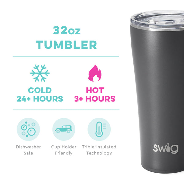 Swig Life 32oz Grey Tumbler temperature infographic - cold 24+ hours or hot 3+ hours