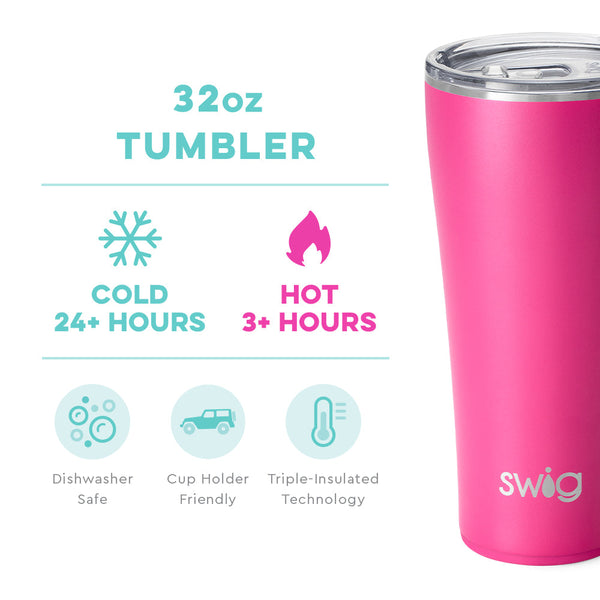Swig Life 32oz Hot Pink Tumbler temperature infographic - cold 24+ hours or hot 3+ hours