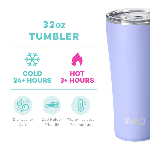 Swig Life 32oz Hydrangea Tumbler temperature infographic - cold 24+ hours or hot 3+ hours