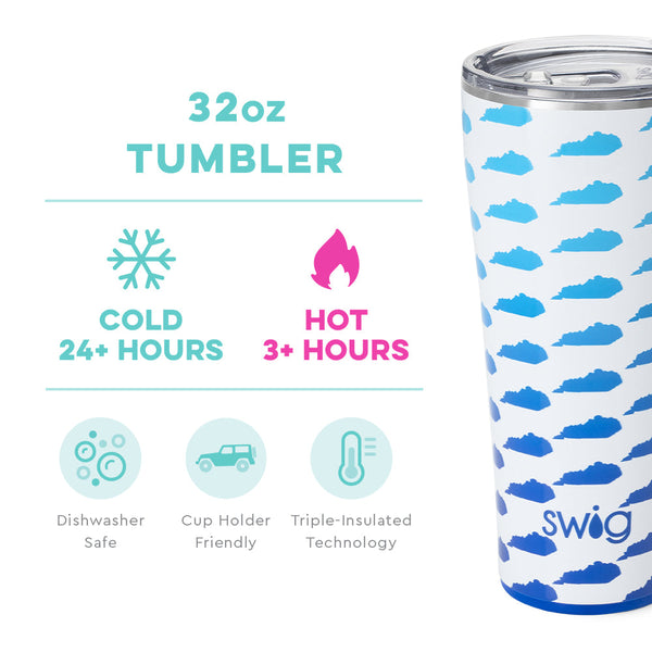 Swig Life 32oz Kentucky Tumbler temperature infographic - cold 24+ hours or hot 3+ hours
