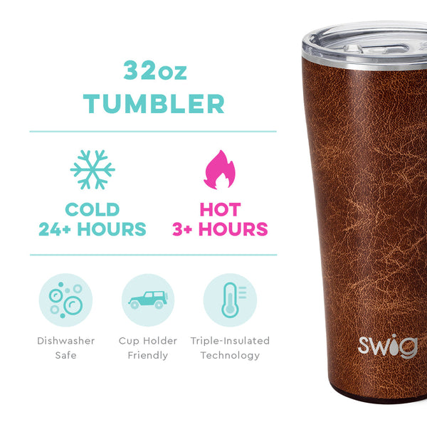 Swig Life 32oz Leather Tumbler temperature infographic - cold 24+ hours or hot 3+ hours