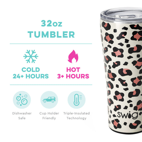 Swig Life 32oz Luxy Leopard Tumbler temperature infographic - cold 24+ hours or hot 3+ hours
