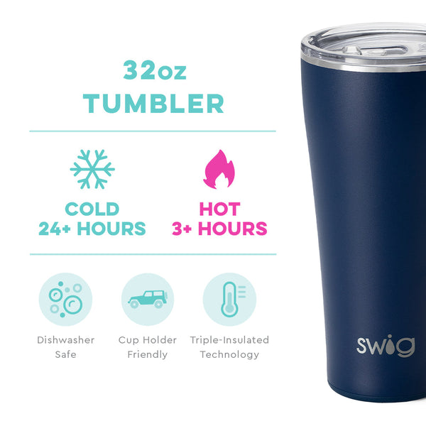 Swig Life 32oz Navy Tumbler temperature infographic - cold 24+ hours or hot 3+ hours