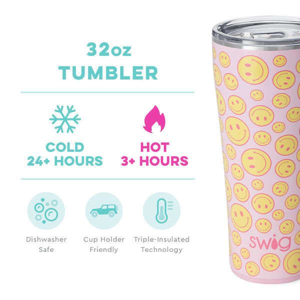 Swig Life 32oz Oh Happy Day Tumbler temperature infographic - cold 24+ hours or hot 3+ hours