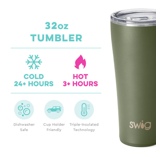 Swig Life 32oz Olive Tumbler temperature infographic - cold 24+ hours or hot 3+ hours