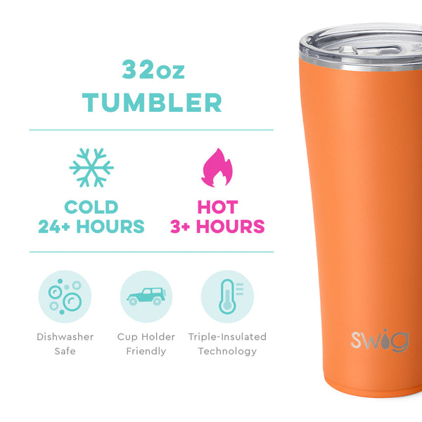 Swig Life 32oz Orange Tumbler temperature infographic - cold 24+ hours or hot 3+ hours