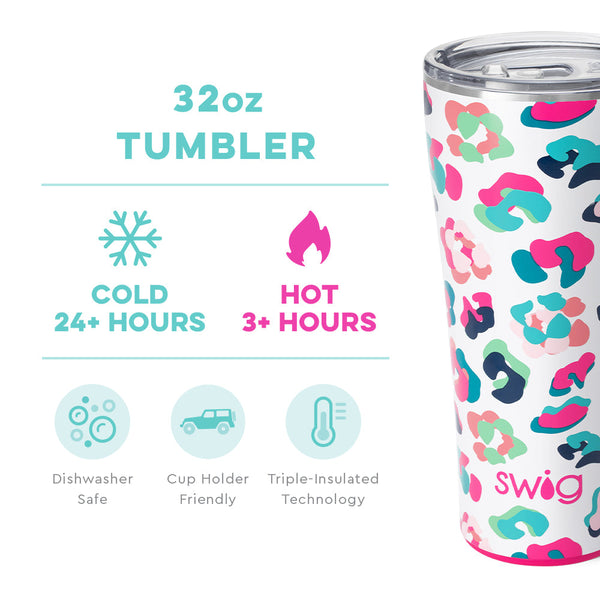 Swig Life 32oz Party Animal Tumbler temperature infographic - cold 24+ hours or hot 3+ hours