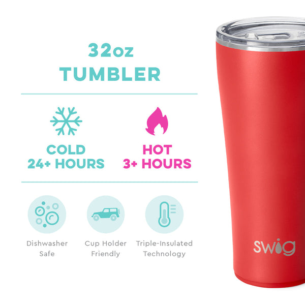 Swig Life 32oz Red Tumbler temperature infographic - cold 24+ hours or hot 3+ hours