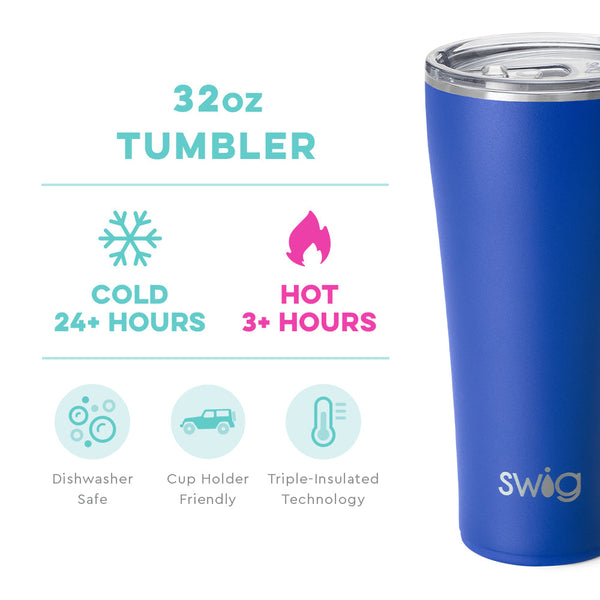 Swig Life 32oz Royal Tumbler temperature infographic - cold 24+ hours or hot 3+ hours