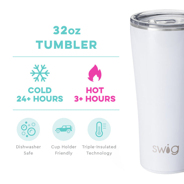 Swig Life 32oz Shimmer White Tumbler temperature infographic - cold 24+ hours or hot 3+ hours