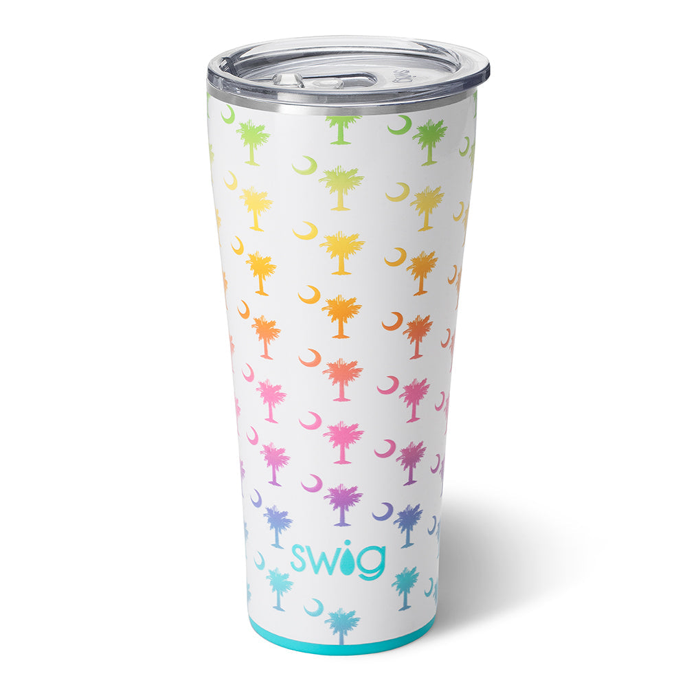 16 oz Stainless Steel Double Wall Insulated Tumbler Pool Beach Cup Travel Mug with Straw Palmetto Tree South Carolina Palm Moon (Light Pink)