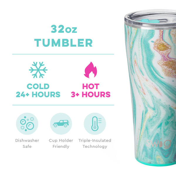 Swig Life 32oz Wanderlust Tumbler temperature infographic - cold 24+ hours or hot 3+ hours