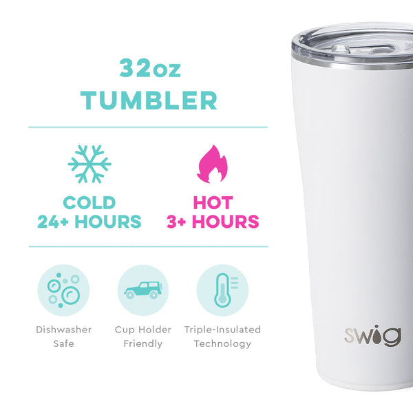 Swig Life 32oz White Tumbler temperature infographic - cold 24+ hours or hot 3+ hours