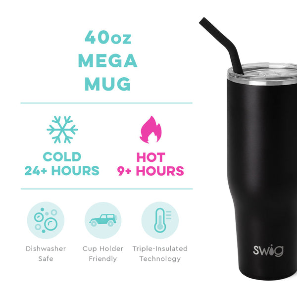 Swig Life 40oz Black Mega Mug temperature infographic - cold 24+ hours or hot 9+ hours