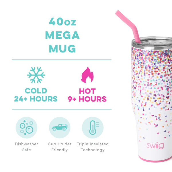 Swig Life 40oz Confetti Mega Mug temperature infographic - cold 24+ hours or hot 9+ hours