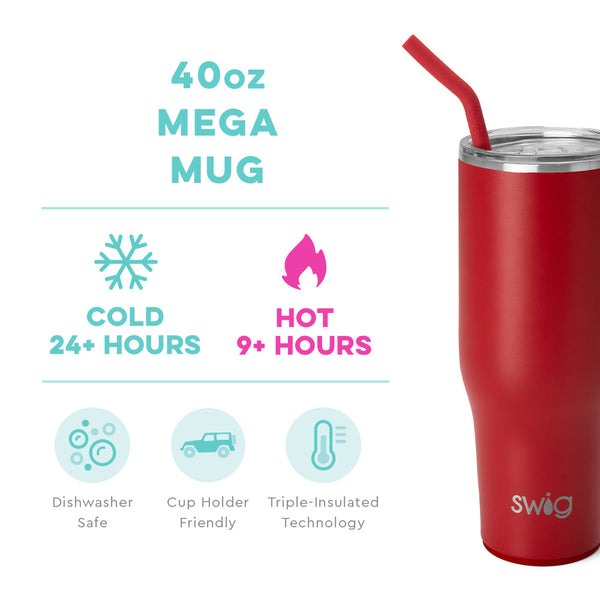 Swig Life 40oz Crimson Mega Mug temperature infographic - cold 24+ hours or hot 9+ hours