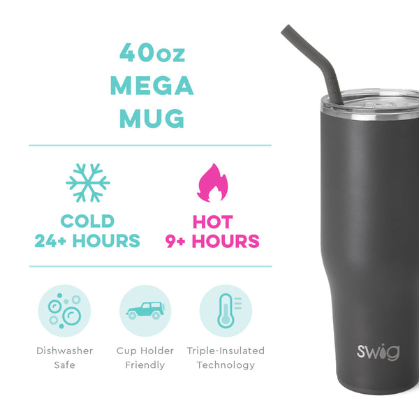 Swig Life 40oz Grey Mega Mug temperature infographic - cold 24+ hours or hot 9+ hours