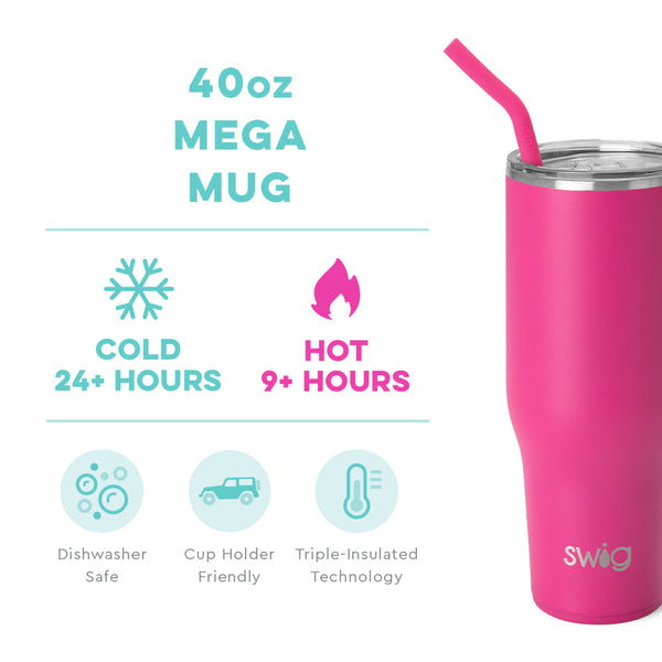 Swig Life 40oz Hot Pink Mega Mug temperature infographic - cold 24+ hours or hot 9+ hours
