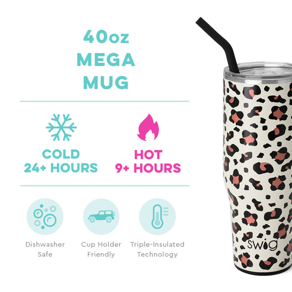 Swig Life 40oz Luxy Leopard Mega Mug temperature infographic - cold 24+ hours or hot 9+ hours