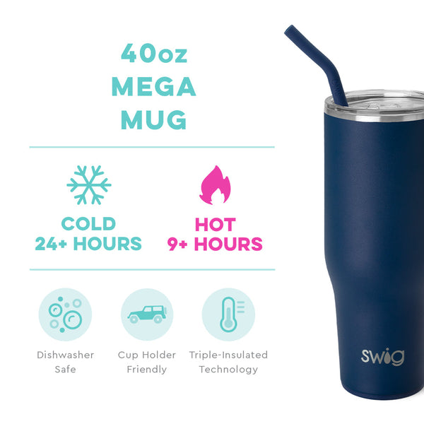 Swig Life 40oz Navy Mega Mug temperature infographic - cold 24+ hours or hot 9+ hours