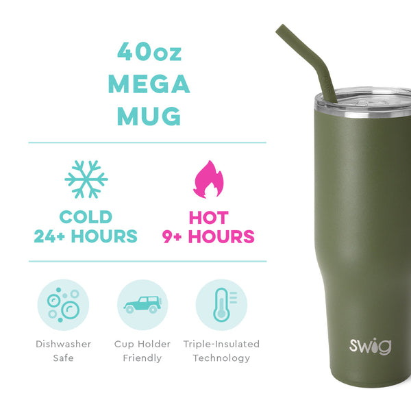 Swig Life 40oz Olive Mega Mug temperature infographic - cold 24+ hours or hot 9+ hours
