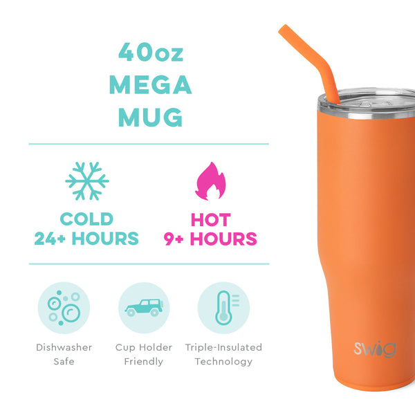 Swig Life 40oz Orange Mega Mug temperature infographic - cold 24+ hours or hot 9+ hours