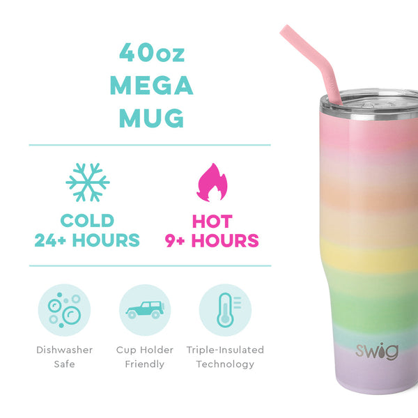 Swig Life 40oz Over the Rainbow Mega Mug temperature infographic - cold 24+ hours or hot 9+ hours