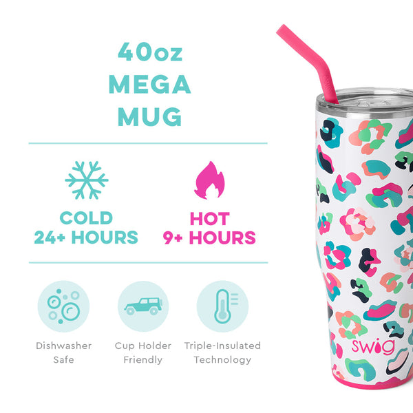 Swig Life 40oz Party Animal Mega Mug temperature infographic - cold 24+ hours or hot 9+ hours