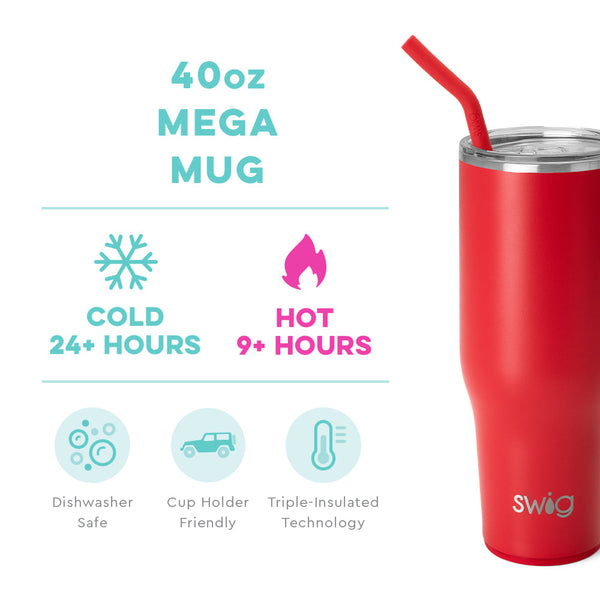 Swig Life 40oz Red Mega Mug temperature infographic - cold 24+ hours or hot 9+ hours