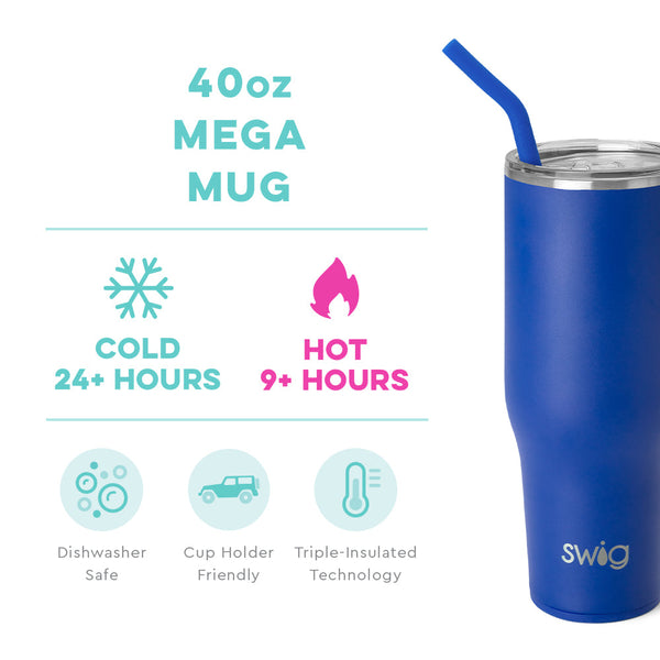 Swig Life 40oz Royal Mega Mug temperature infographic - cold 24+ hours or hot 9+ hours