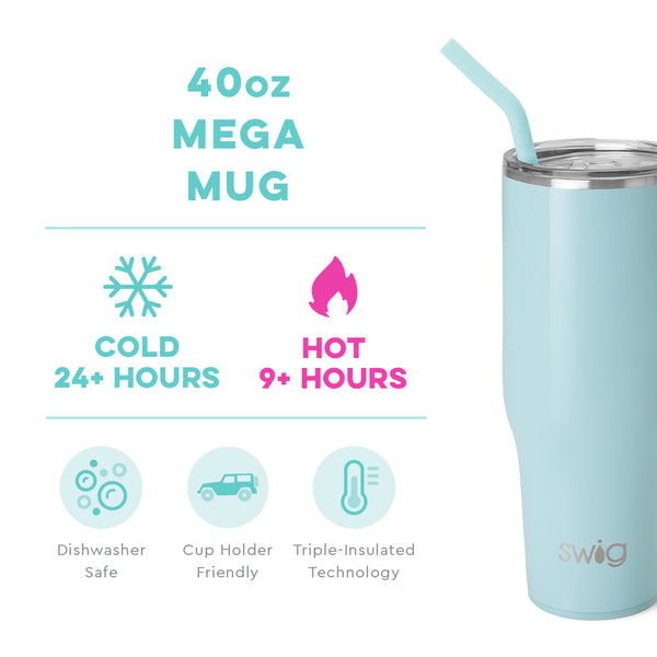 Swig Life 40oz Shimmer Aquamarine Mega Mug temperature infographic - cold 24+ hours or hot 9+ hours