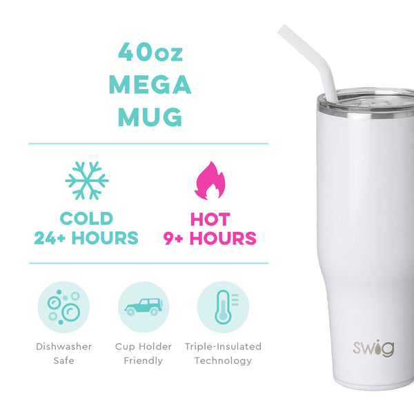 Swig Life 40oz Shimmer White Mega Mug temperature infographic - cold 24+ hours or hot 9+ hours