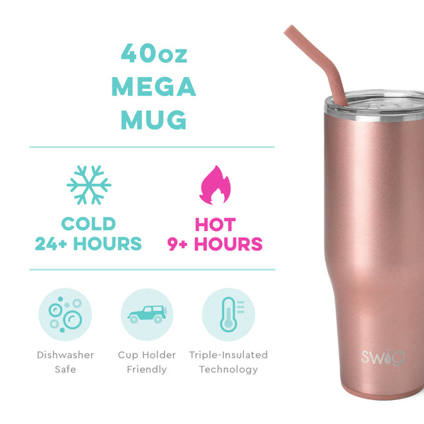 Swig Life 40oz Shimmer Rose Gold Mega Mug temperature infographic - cold 24+ hours or hot 9+ hours