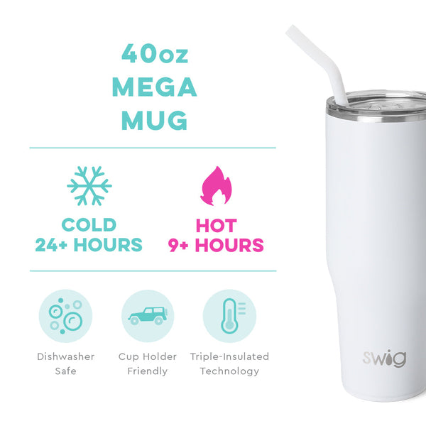 Swig Life 40oz White Mega Mug temperature infographic - cold 24+ hours or hot 9+ hours