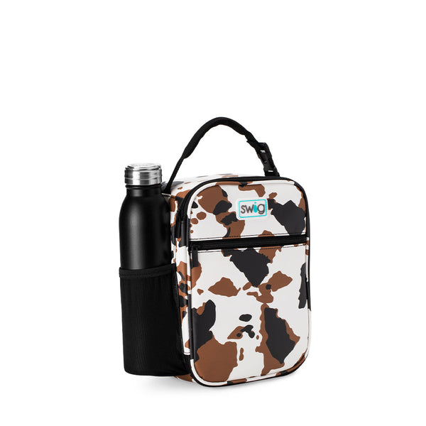 Swig Life Hayride Cow Print Boxxi Lunch Bag with Swig Life Confetti 20oz Flip + Sip Bottle in side pocket
