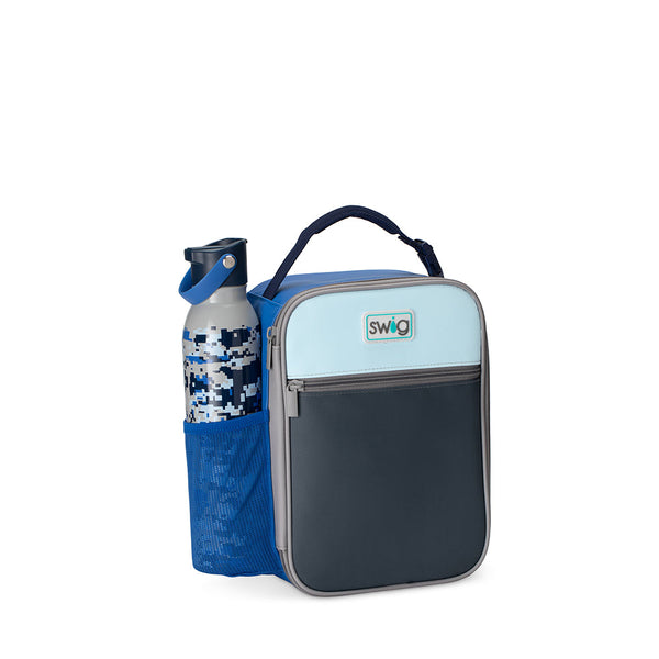 Swig Life Blue Tide Boxxi Lunch Bag with Swig Life Cool Camo 16oz Flip + Sip Bottle in side pocket