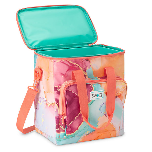Swig Life Dreamsicle Boxxi 24 Cooler open view showing aqua insulted lining and zipper enclosure