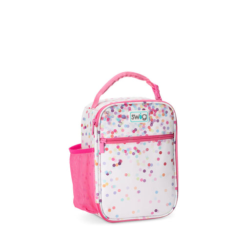 Swig Life Confetti Insulated Boxxi Lunch Bag with top handle, side pocket, and front zipper pouch