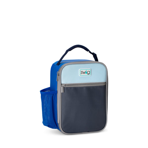 Swig Life Blue Tide Insulated Boxxi Lunch Bag with top handle, side pocket, and front zipper pouch