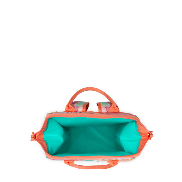 Swig Life Dreamsicle Packi Backpack Cooler shown open from the top with aqua insulated liner