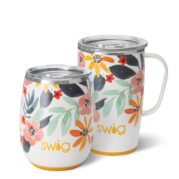 Swig Life Honey Meadow AM+PM Set including a 14oz Honey Meadow Stemless Wine Cup and an 18oz Honey Meadow Travel Mug