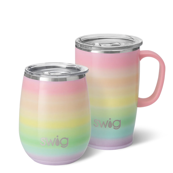Swig Life Over the Rainbow AM+PM Set including a 14oz Over the Rainbow Stemless Wine Cup and an 18oz Over the Rainbow Travel Mug