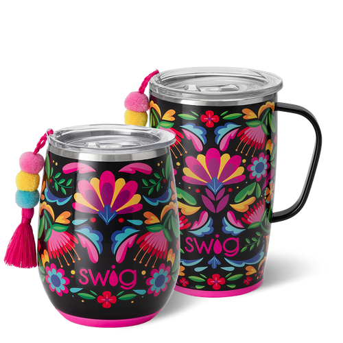 Swig Life Caliente AM+PM Set including a 14oz Caliente Stemless Wine Cup and an 18oz Caliente Travel Mug