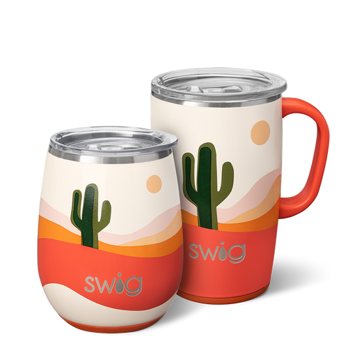 Swig Life Boho Desert AM+PM Set including a 14oz Boho Desert Stemless Wine Cup and an 18oz Boho Desert Travel Mug