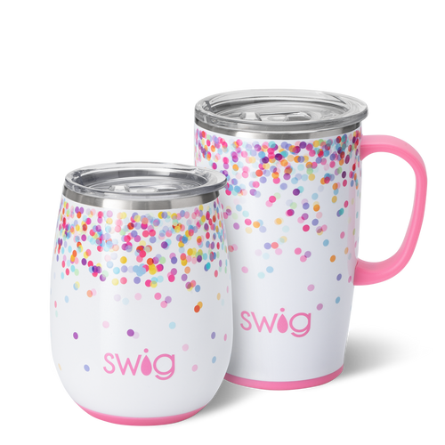 Swig Life Confetti AM+PM Set including a 14oz Confetti Stemless Wine Cup and an 18oz Confetti Travel Mug