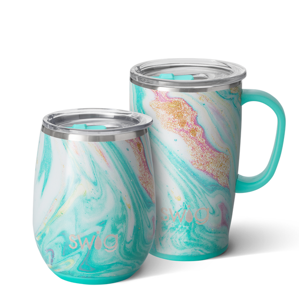 Swig Life Wanderlust AM+PM Set including a 14oz Razzleberry Stemless Wine Cup and an 18oz Razzleberry Travel Mug