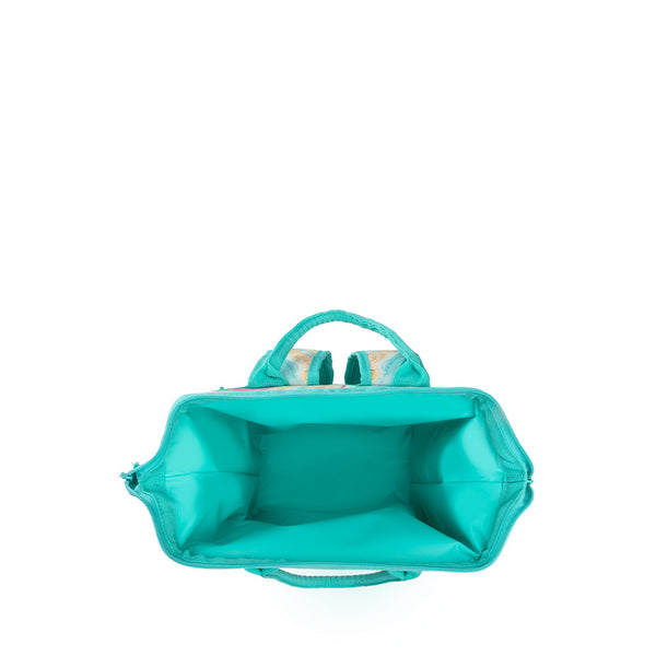 Swig Life Wanderlust Packi Backpack Cooler shown open from the top with aqua insulated liner
