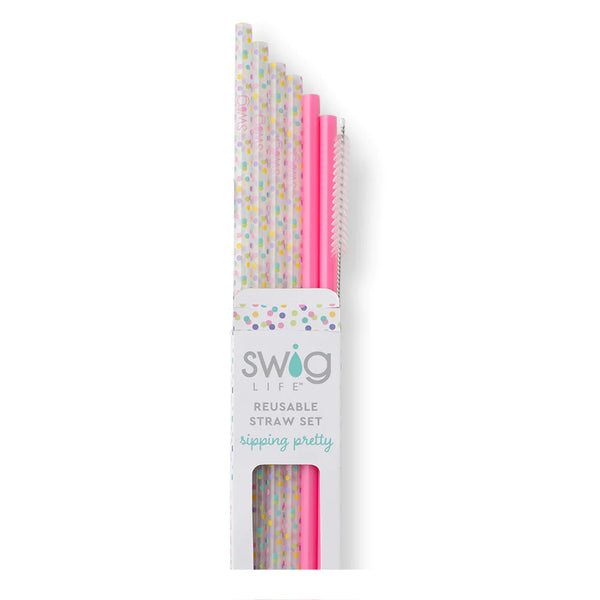 Swig Life Confetti + Pink Reusable Straw Set with six straws and cleaning brush